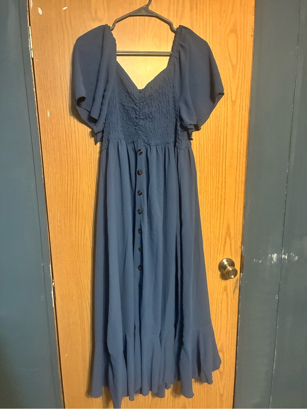 Blue Puff Sleeve Button-Front Maxi Dress